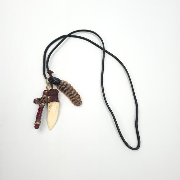 Vintage Rattlesnake Tail Rattles Cross Bone Pendant On Leather Cord - Picture 2 of 4